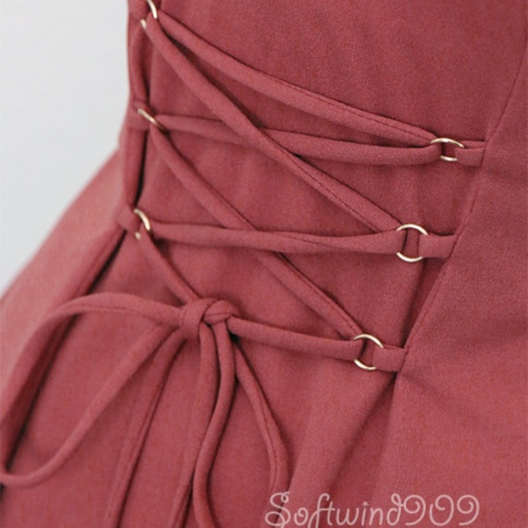 Rust Mauve Lace Up Corset Plunge Cute Skater Dress - Picture 4 of 8